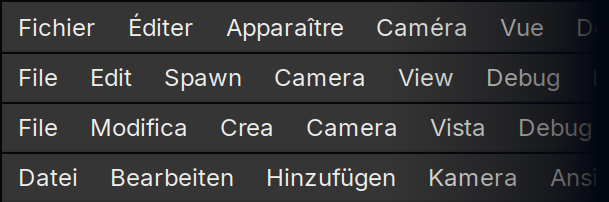 Editor menus in four languages