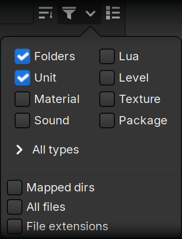 Project Browser menu for filtering resources by type