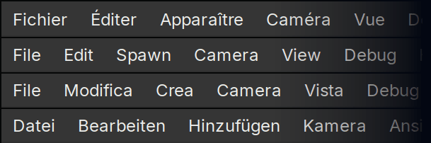 Crown Editor menus in French, English, Italian and German